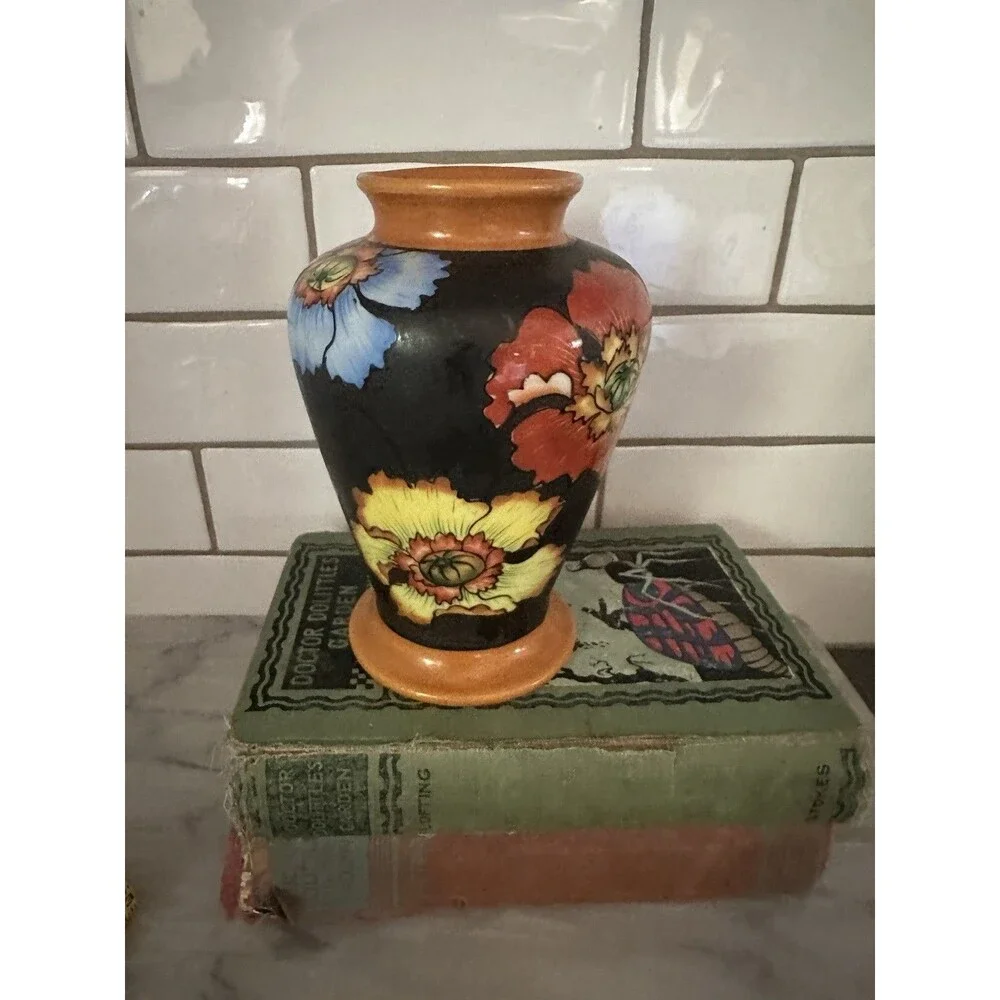 Orange Blue Red Poppy Black Flora Vase Japan Hand Painted 6.5”